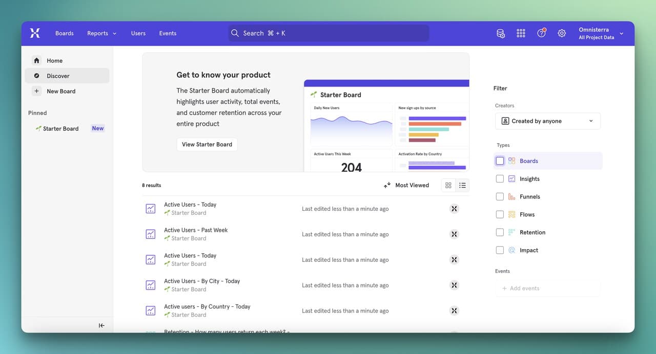 Mixpanel's dashboard while getting started