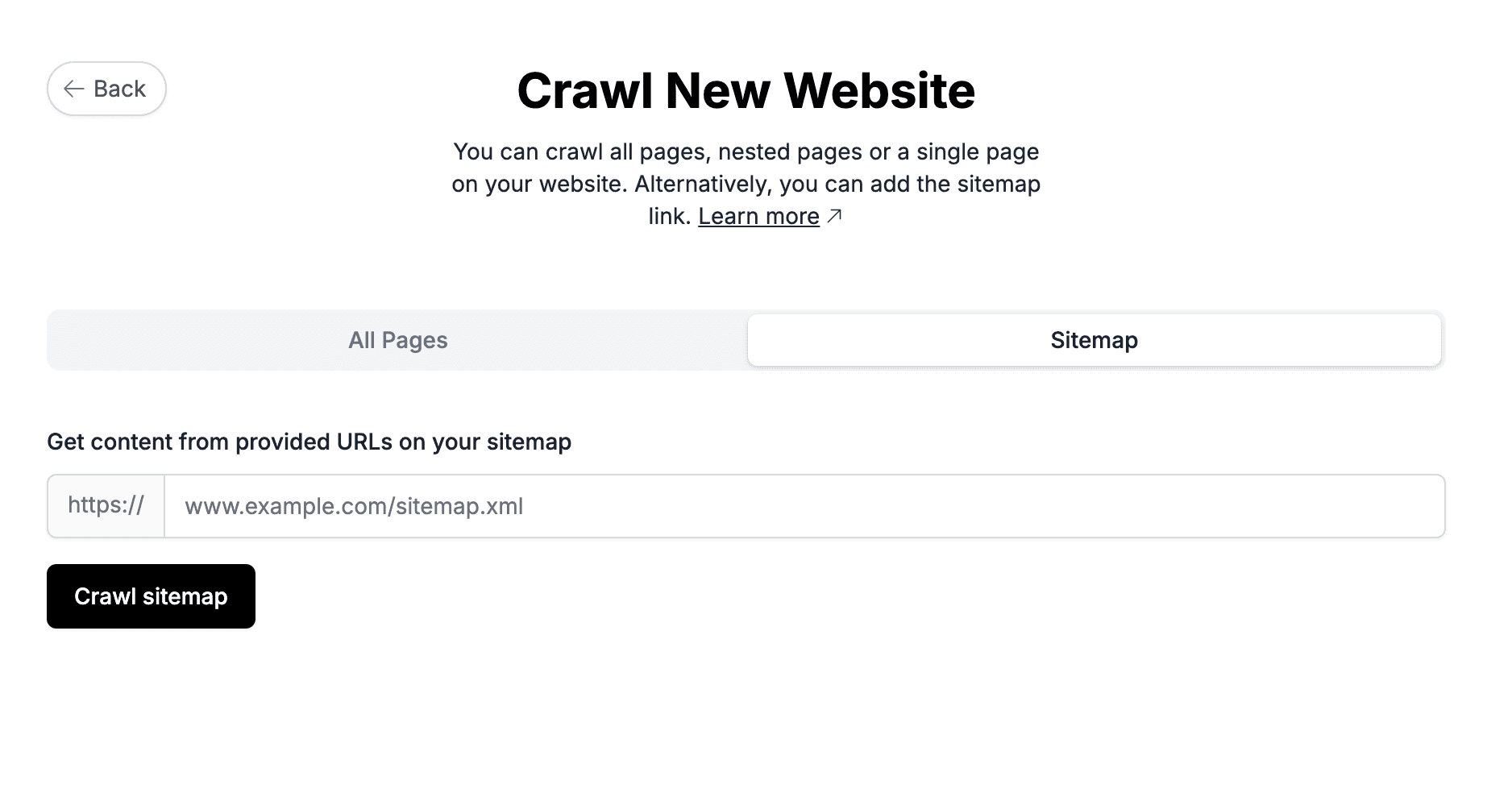 LiveChatAI website crawl setup screen for training a telecom chatbot with sitemap or website content