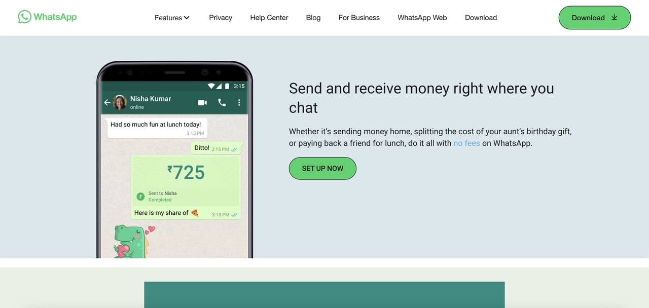 WhatsApp Payments setup page showing transaction options