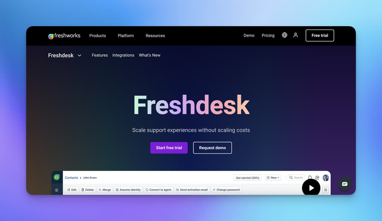 the homepage of Freshdesk which is a paid LivePerson alternative