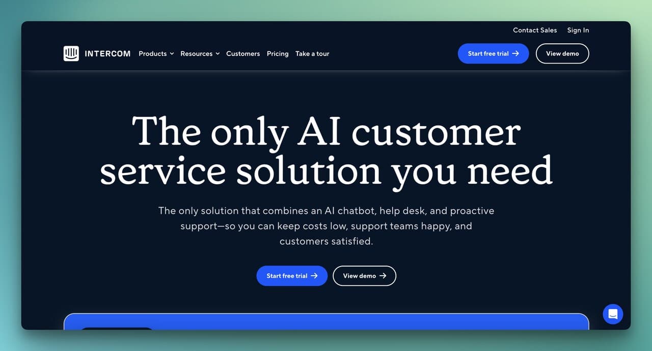 Intercom homepage showing AI customer service platform with Fin chatbot and helpdesk