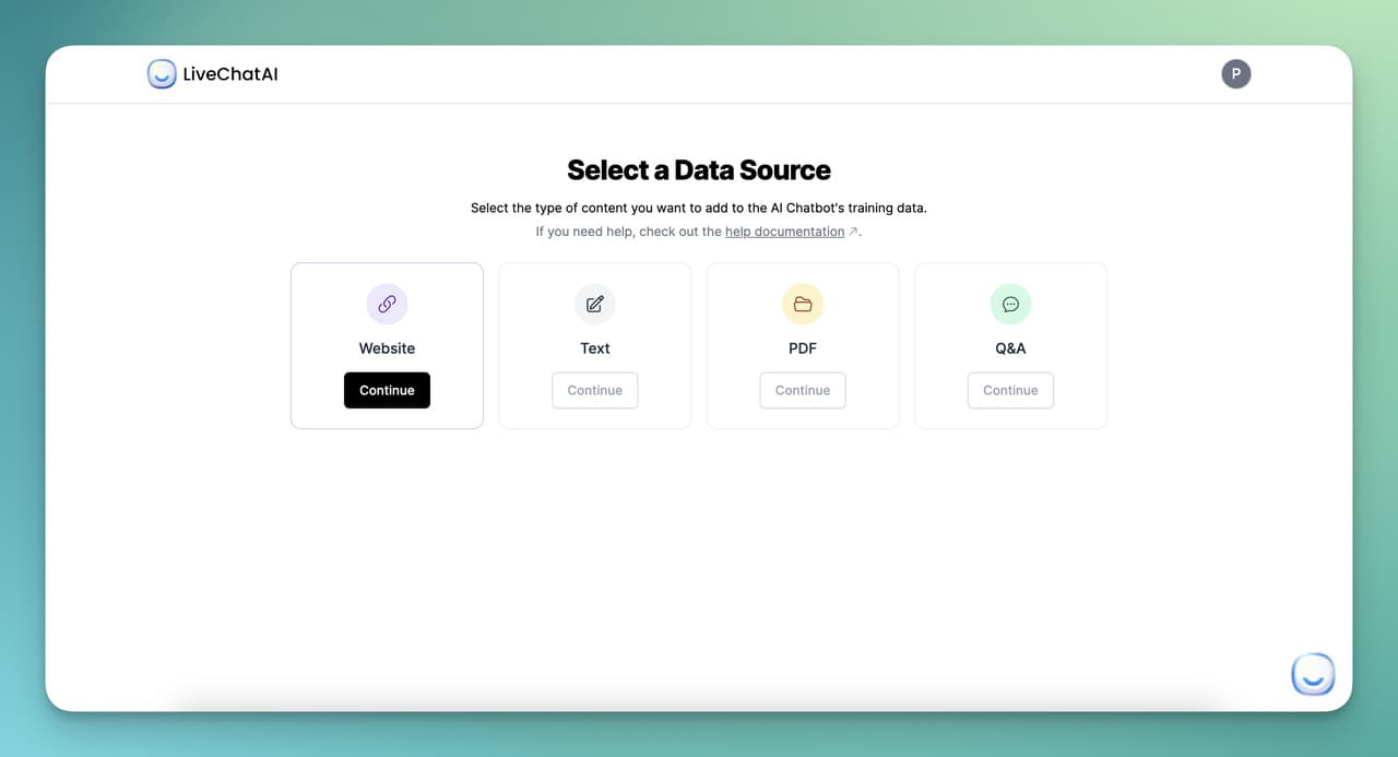selecting website as data source on LiveChatAI