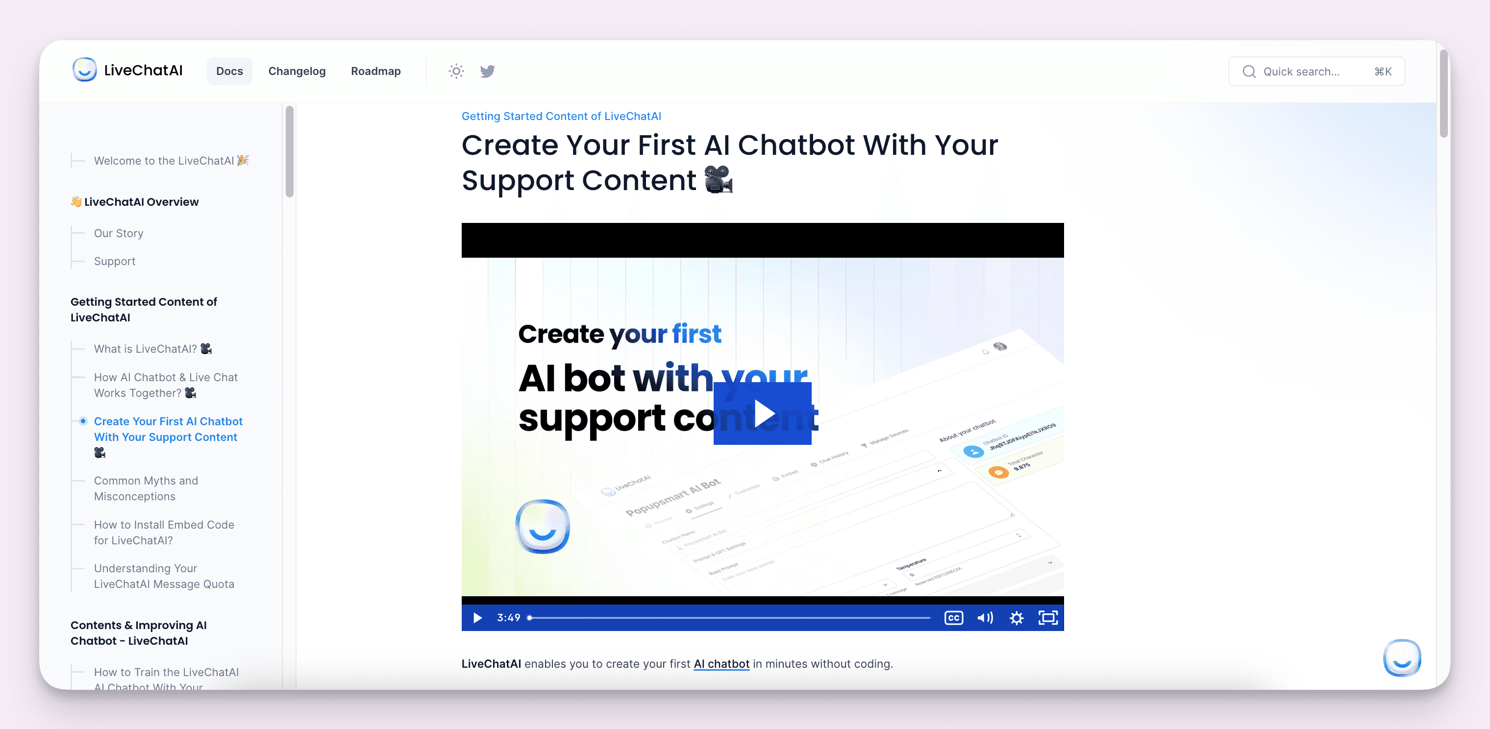 LiveChatAI self-service knowledge base with video guides and organized help articles