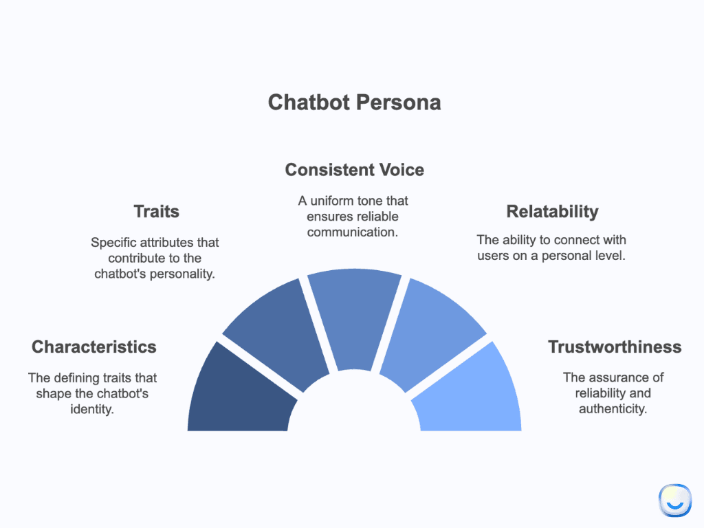 Illustration of a chatbot persona showing an AI assistant with defined personality traits and brand voice