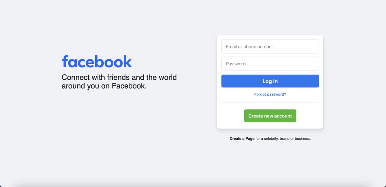 the homepage of Facebook with an email and password fields