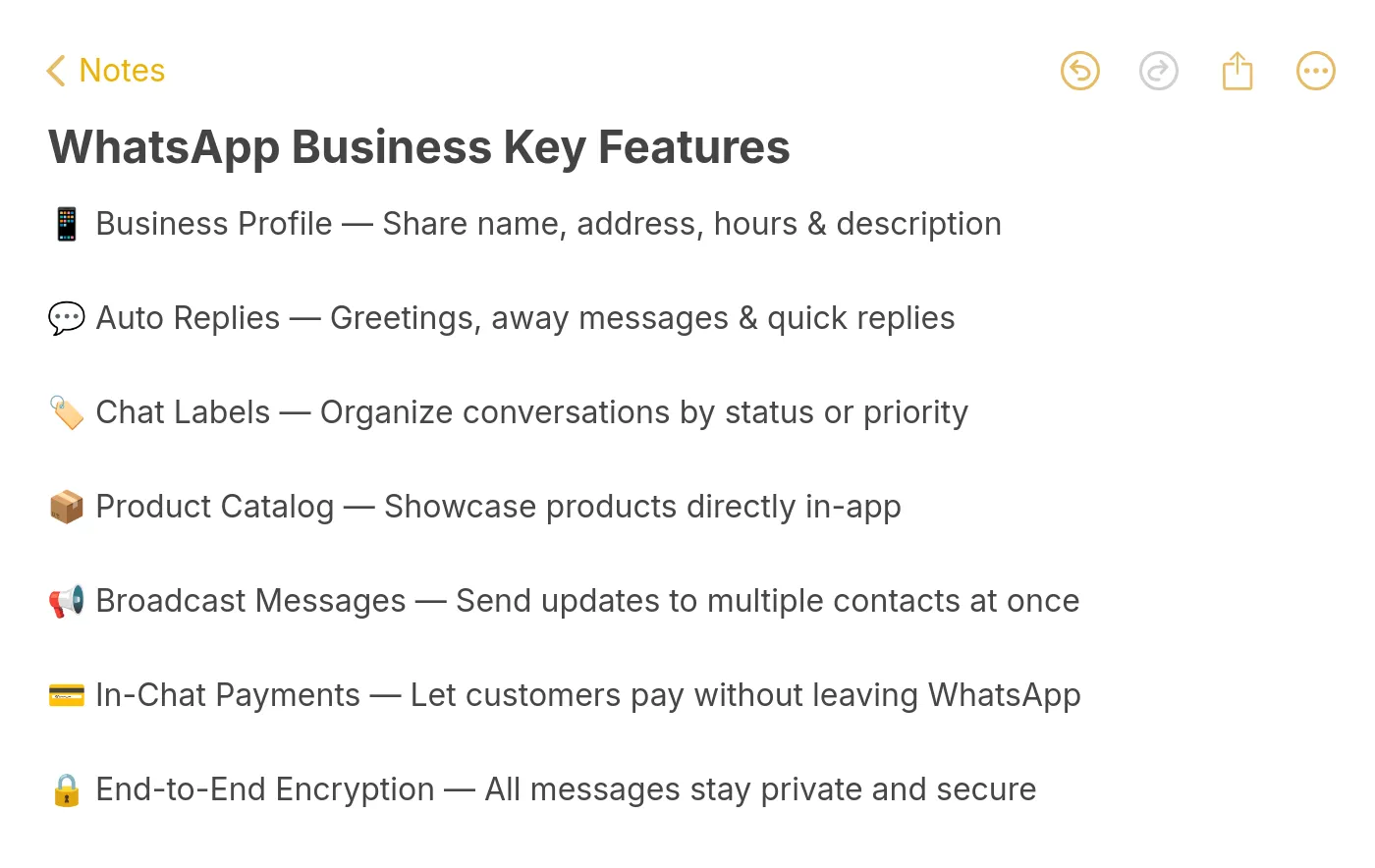 note listing WhatsApp Business key features including business profile, auto replies, chat labels, product catalog, broadcast messages, in-chat payments, and end-to-end encryption