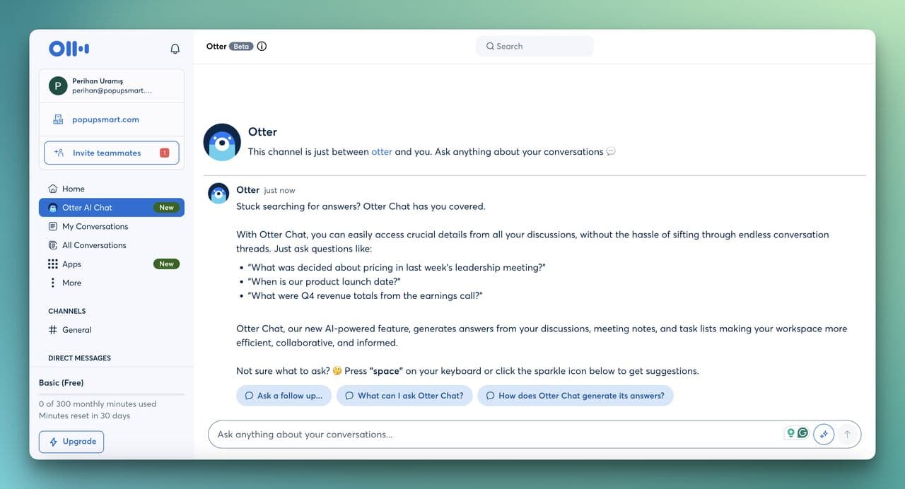 Otter AI Chat within the dashboard of Otter.ai