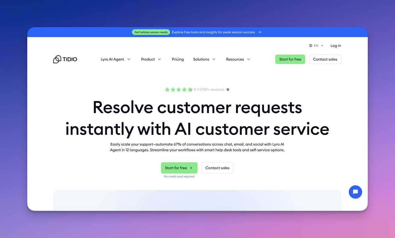 Image of Tidio's website landing page.