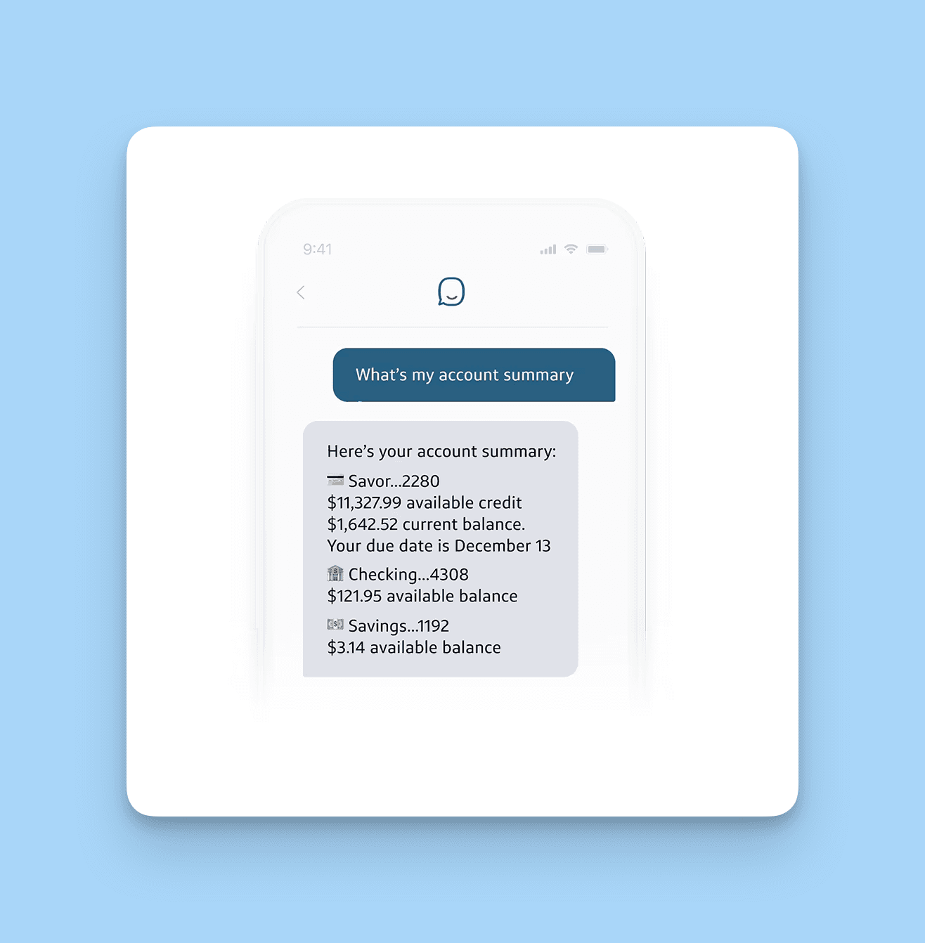 Banking chatbot account management interface displaying balance and recent transactions