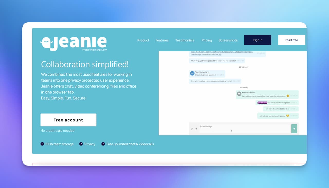 the homepage of Jeanie with blue background