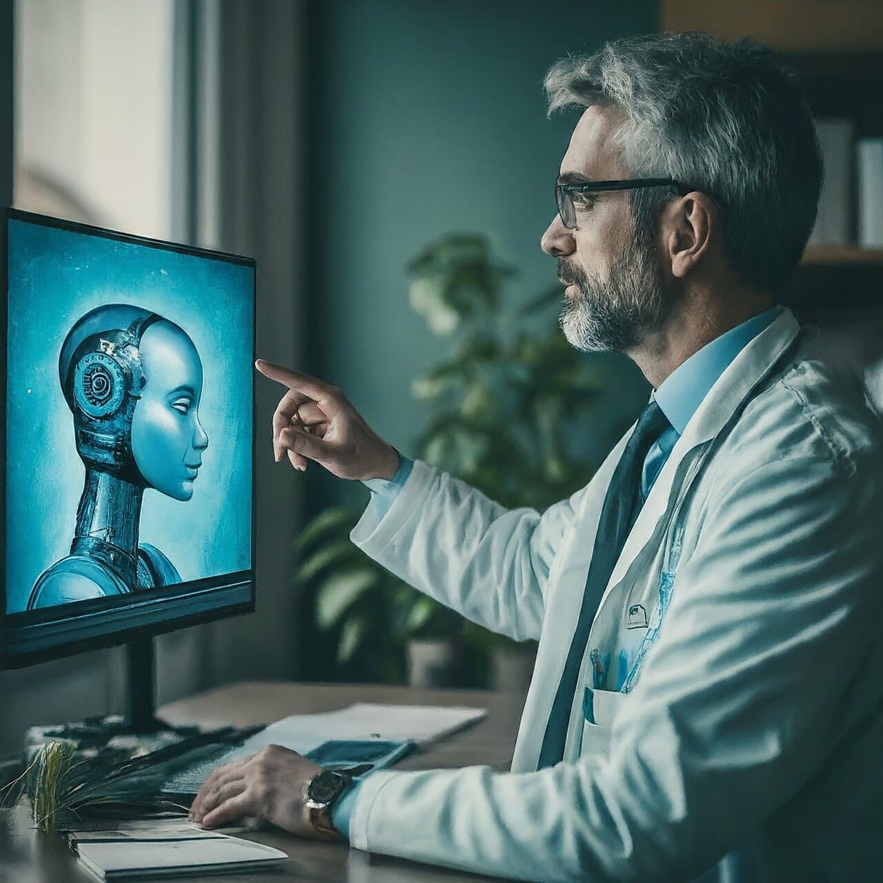 a man dealing with an AI assistant and touching monitor screen