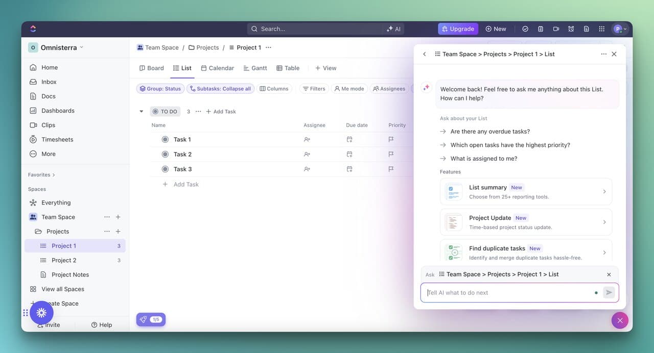 the dashboard and AI support of ClickUp