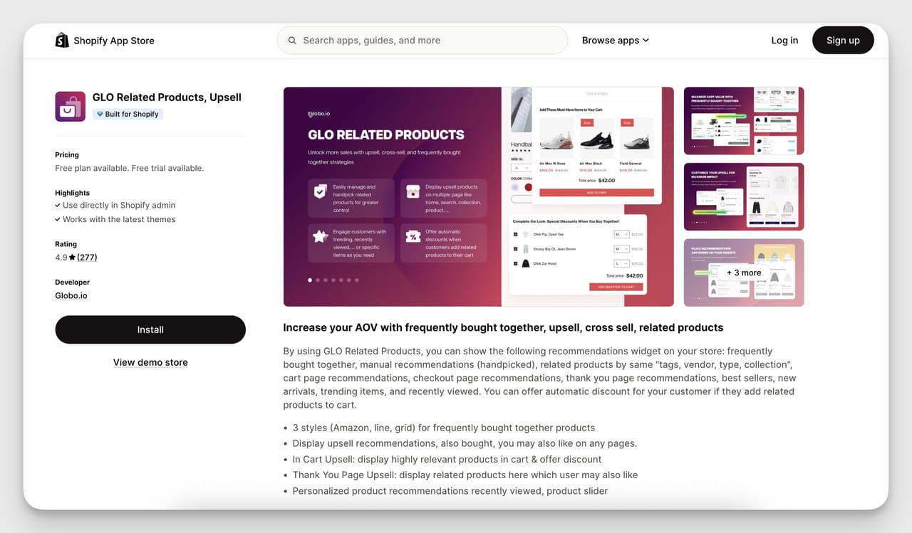 Shopify Product Recommendation App - GLO Related Products widget showing upsell, cross-sell, and frequently bought together suggestions with customizable rules.