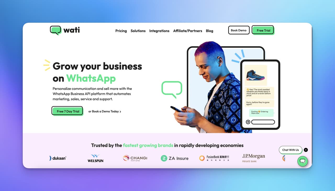 the homepage of WATI with green colored background