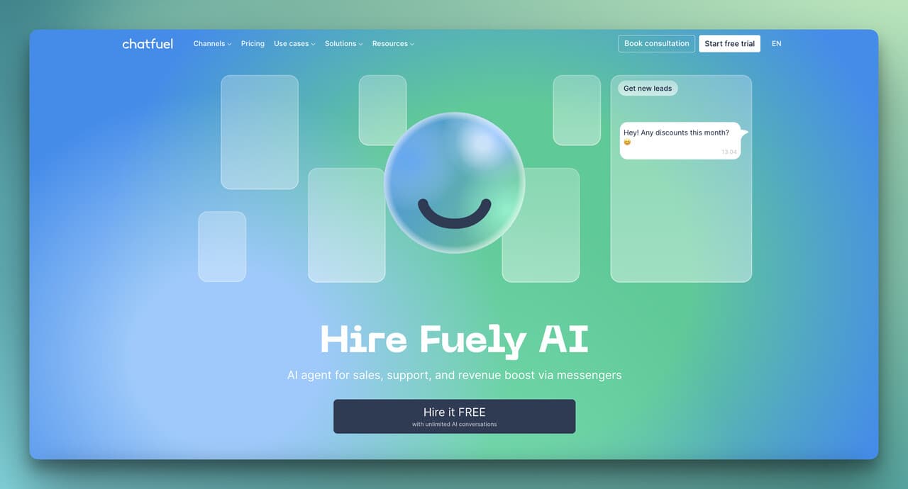 Chatfuel homepage showing Fuely AI agent for ecommerce and WhatsApp Business automation