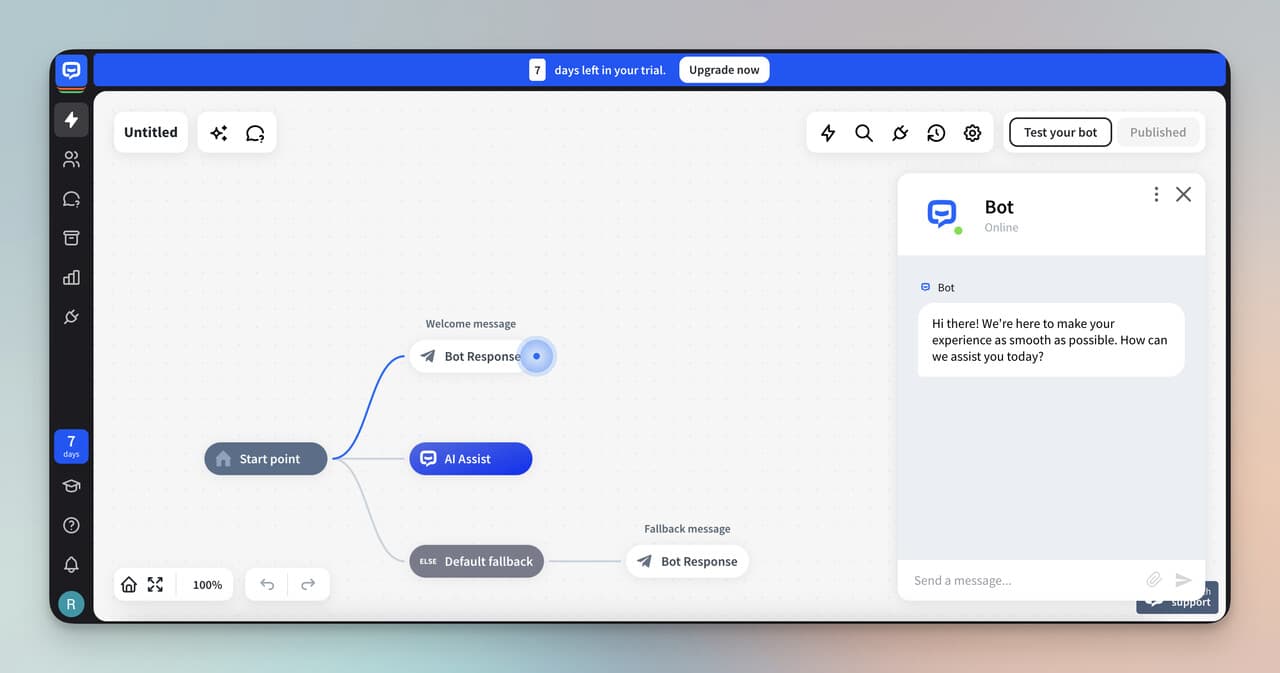 ChatBot by LiveChat visual flow builder with drag-and-drop conversation design