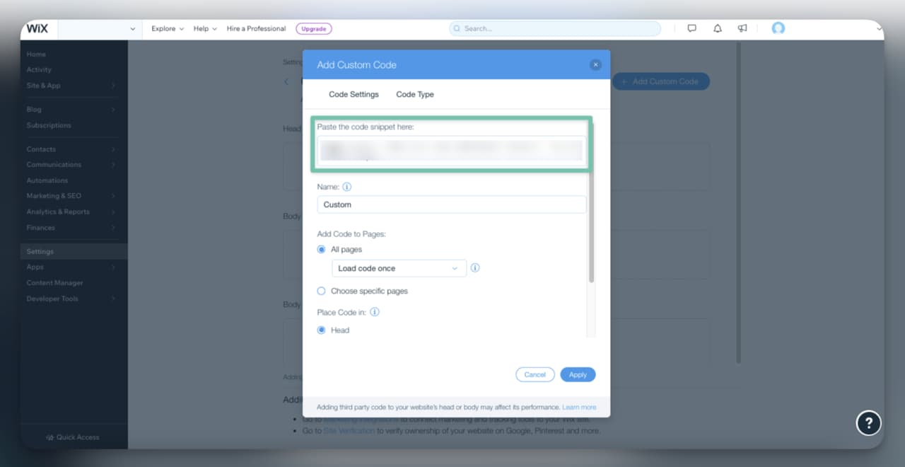 Final step to paste and apply the Wix AI Agent script from LiveChatAI inside Wix’s custom code editor.