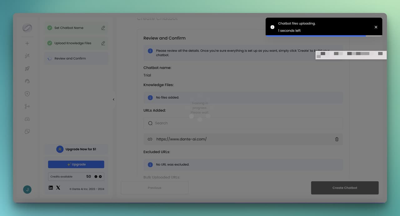 the training process of a chatbot on Dante AI