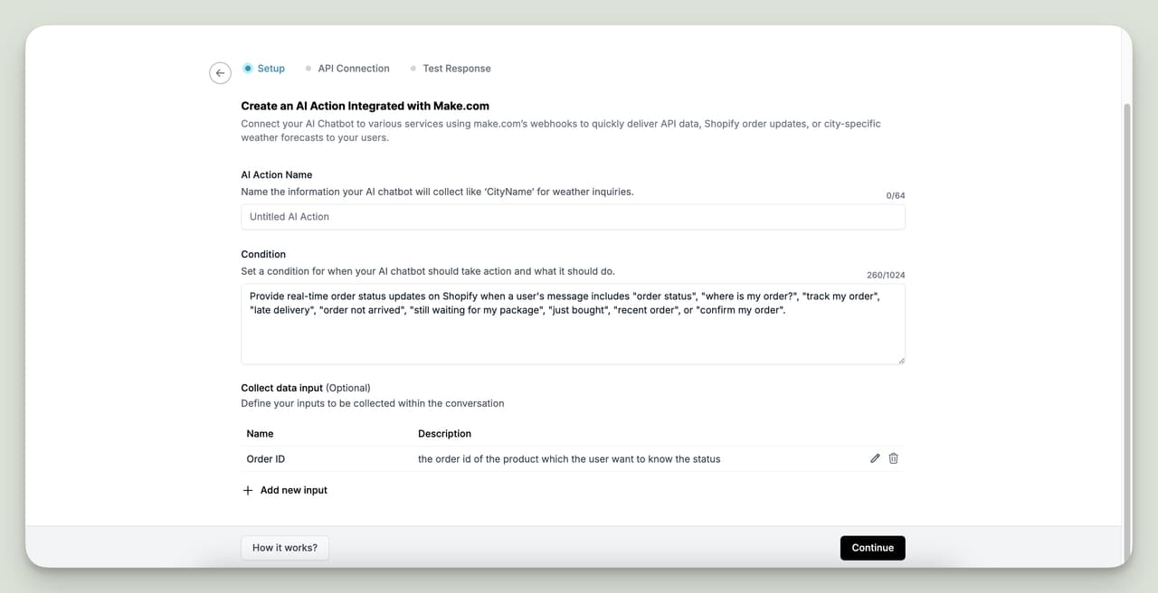Create an AI Action in LiveChatAI to automate Shopify order status updates using Make.com integrations.