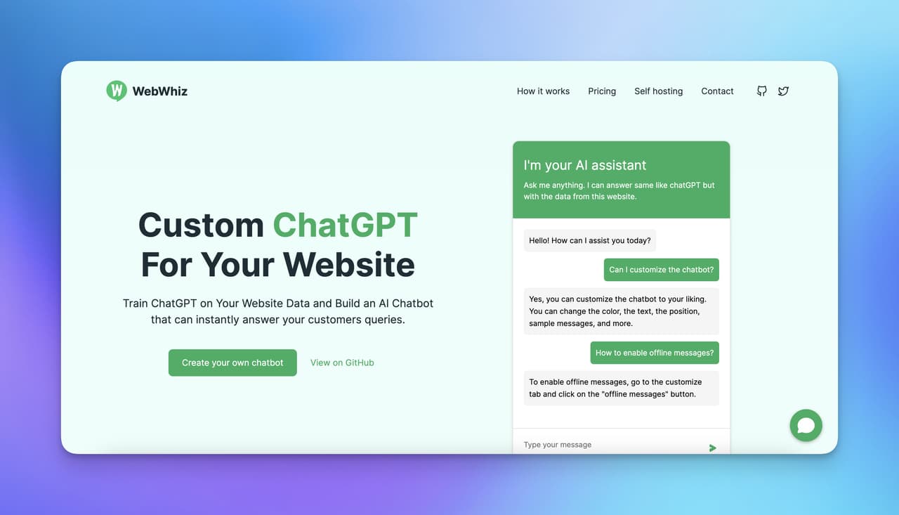 the homepage of WebWhiz, which is the competitor of ChatBotKit