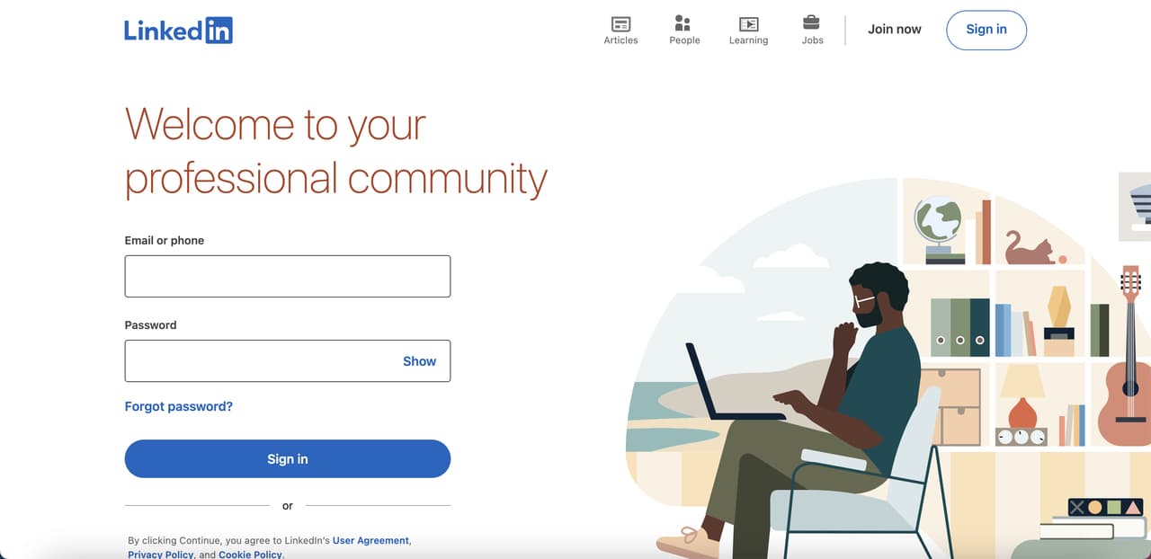 the homepage of LinkedIn which is a professional community to seek jobs