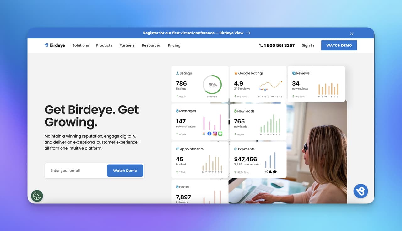 the homepage of Birdeye with analytics and rates sample on it