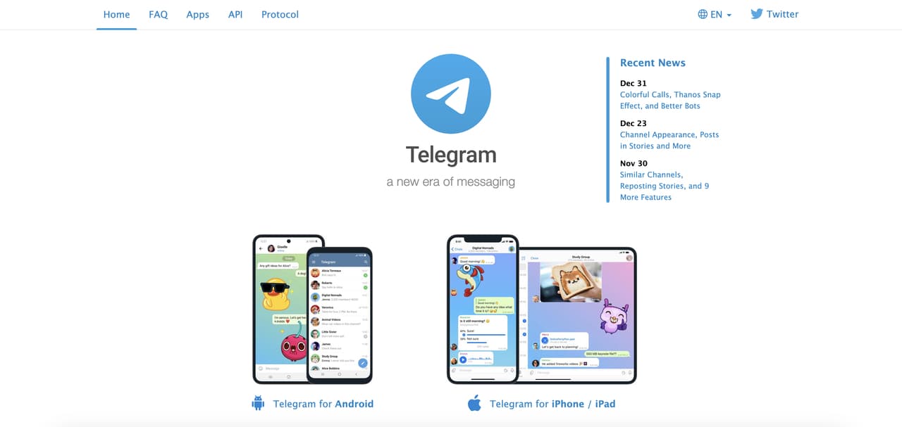 the homepage of Telegram with the platfoms and recent news