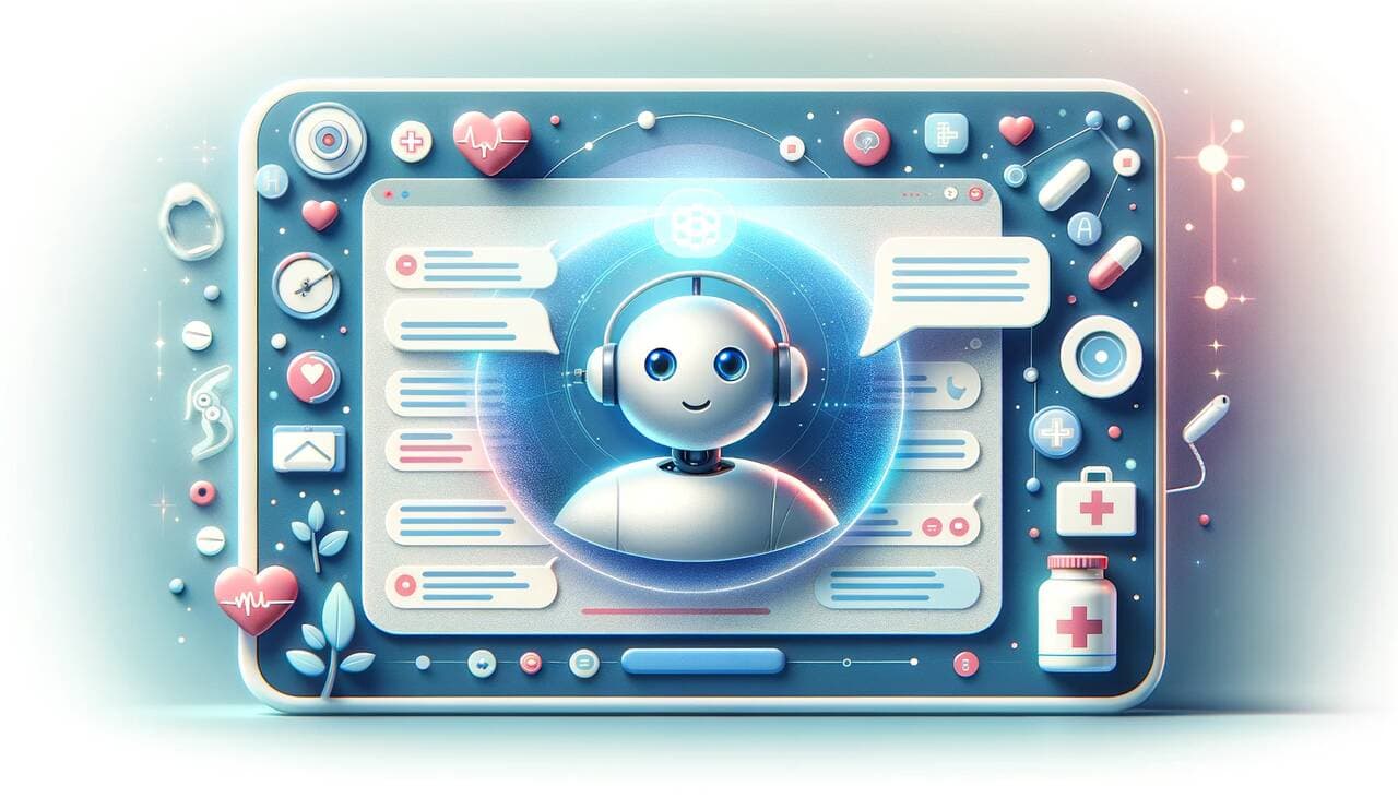 Illustration representing a healthcare AI chatbot assisting a patient on a mobile device