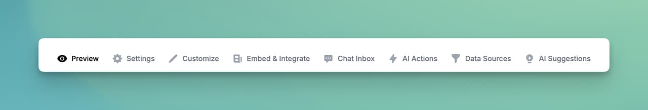 LiveChatAI dashboard showing Preview, Settings, Customize, Embed, Chat Inbox, AI Actions, Manage Data Sources, and AI Suggestions sections