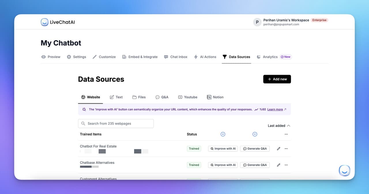 the data source tab of LiveChatAI