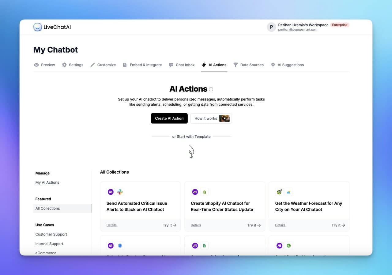 LiveChatAI dashboard showing AI actions integrated with external business systems