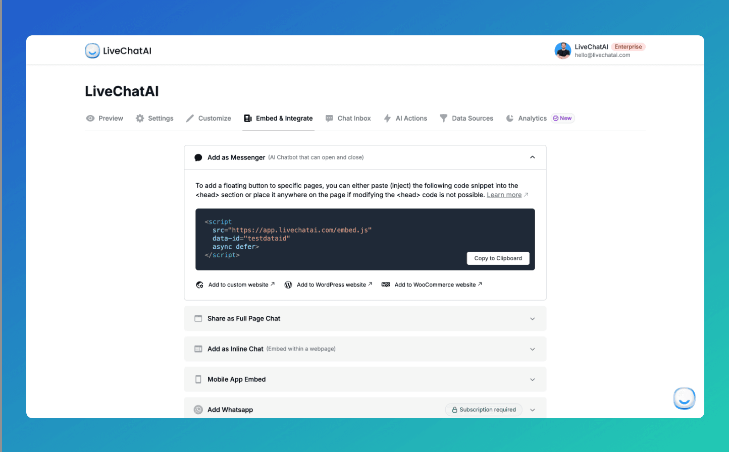 LivechatAI's interface showing how to connect and integrate.