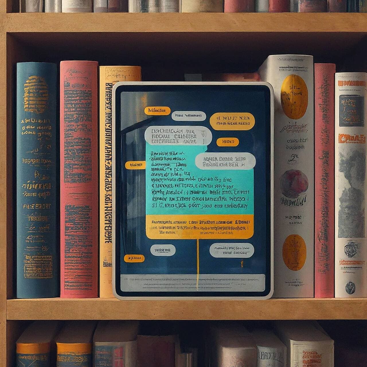 a tablet located between books to represent natural language processing idea for AI assistant