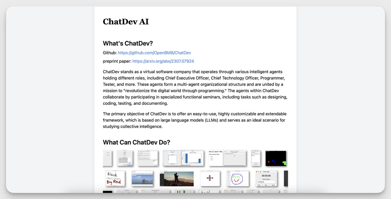 Screenshot of ChatDev AI's homepage, describing its simulated software company built with multi-agent roles like CEO, Developer, and Tester.