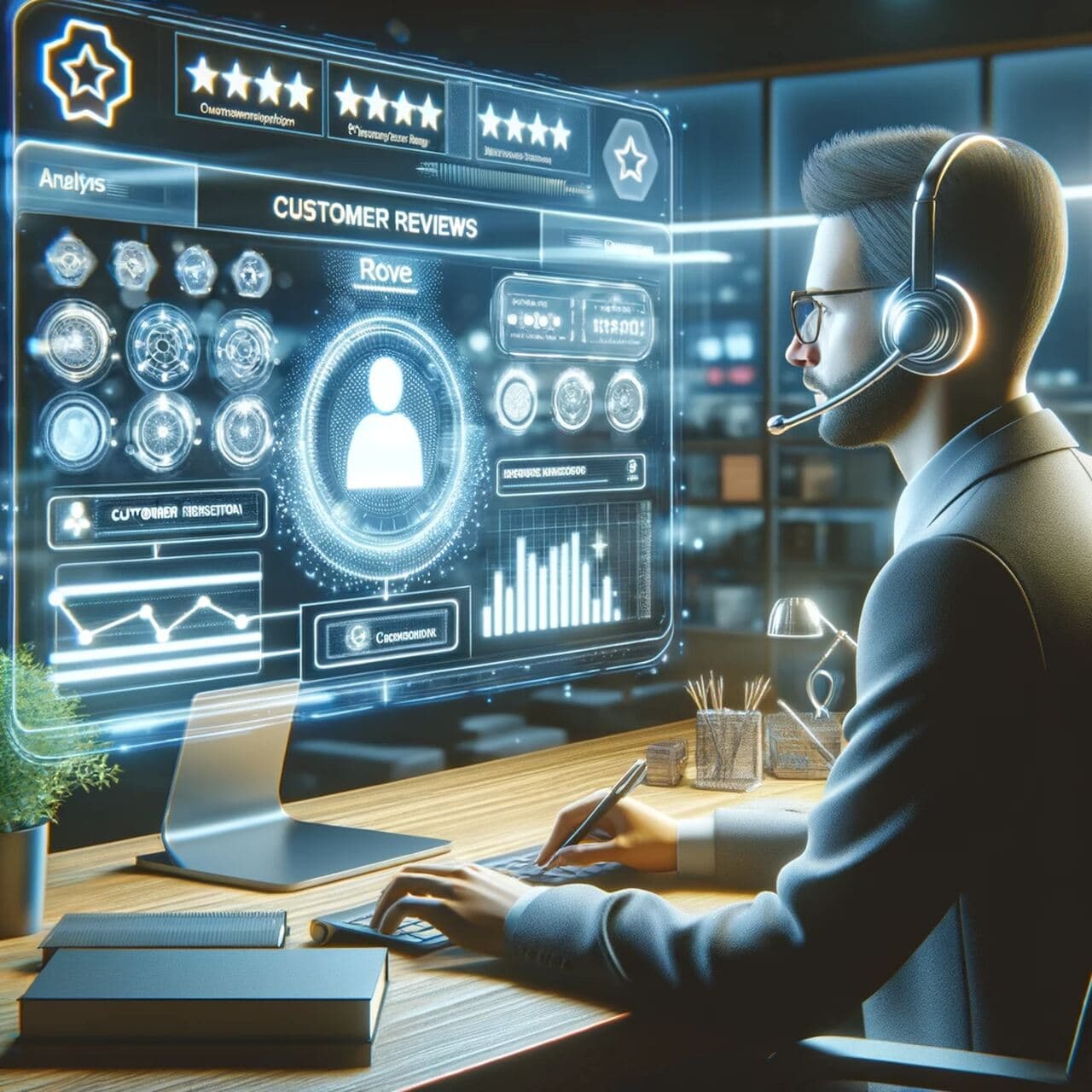 Customer experience manager reviewing a dashboard of positive customer reviews on screen