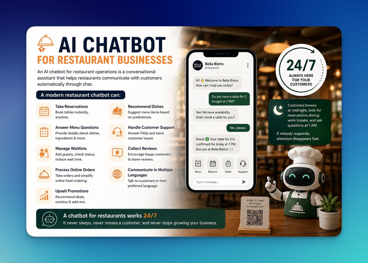 Alt text: AI chatbot for restaurants helps with reservations, menu questions, waitlists, orders, promotions, recommendations, support, reviews, and multilingual chat 24/7.