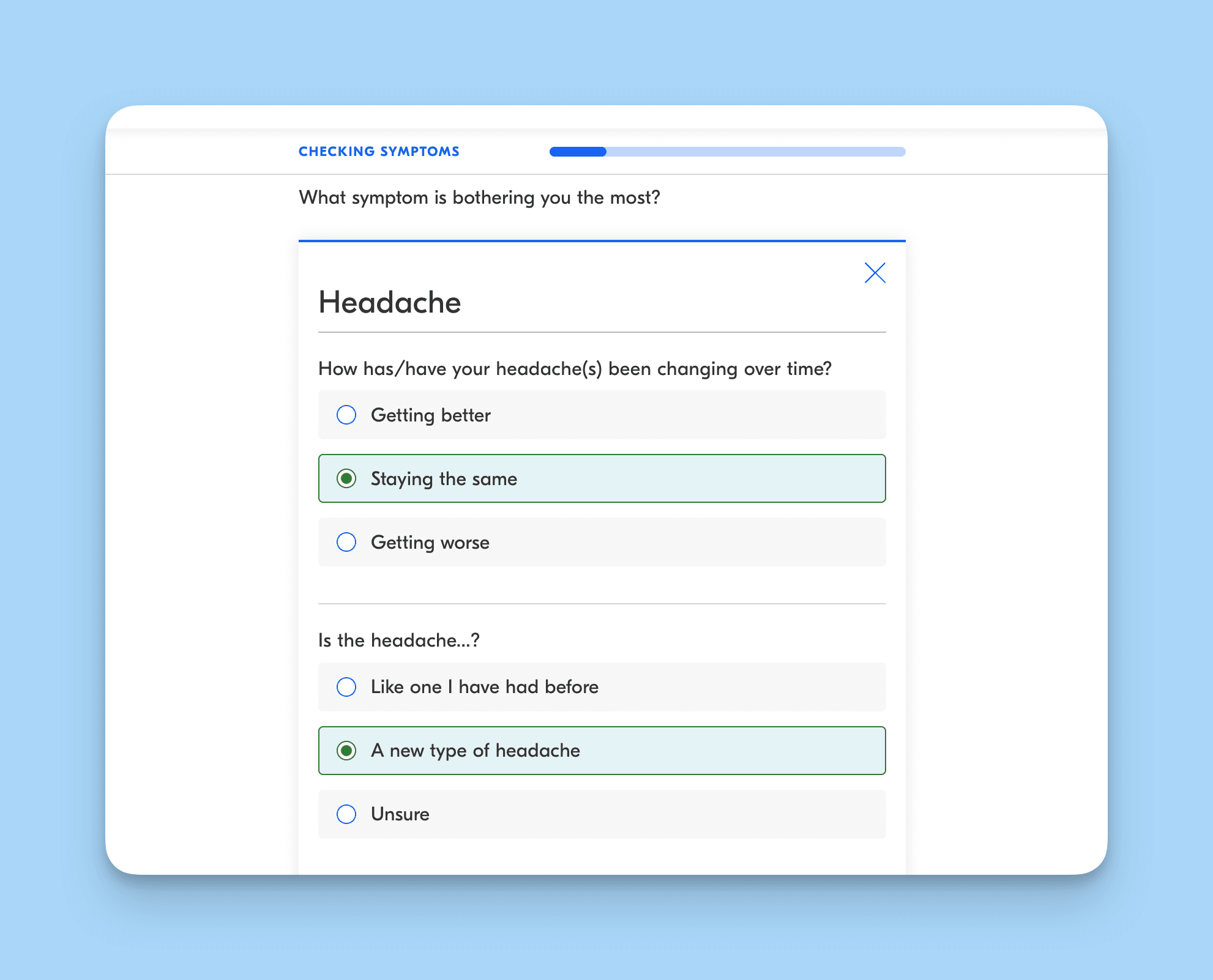 Healthcare chatbot symptom checking interface guiding a patient through triage questions