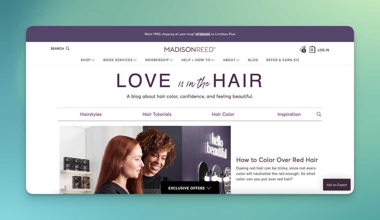 the homepage of Madison Reed which is a hair brand