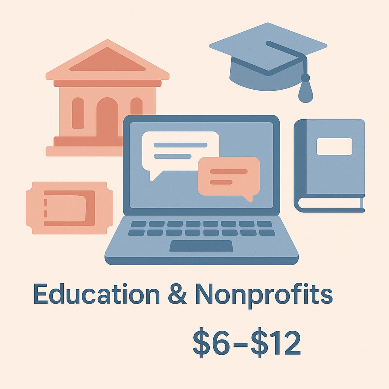 Illustration of education and nonprofit support costs showing a laptop, graduation cap, and books in soft pastel colors, labeled Education & Nonprofits with average ticket cost $6–$12.