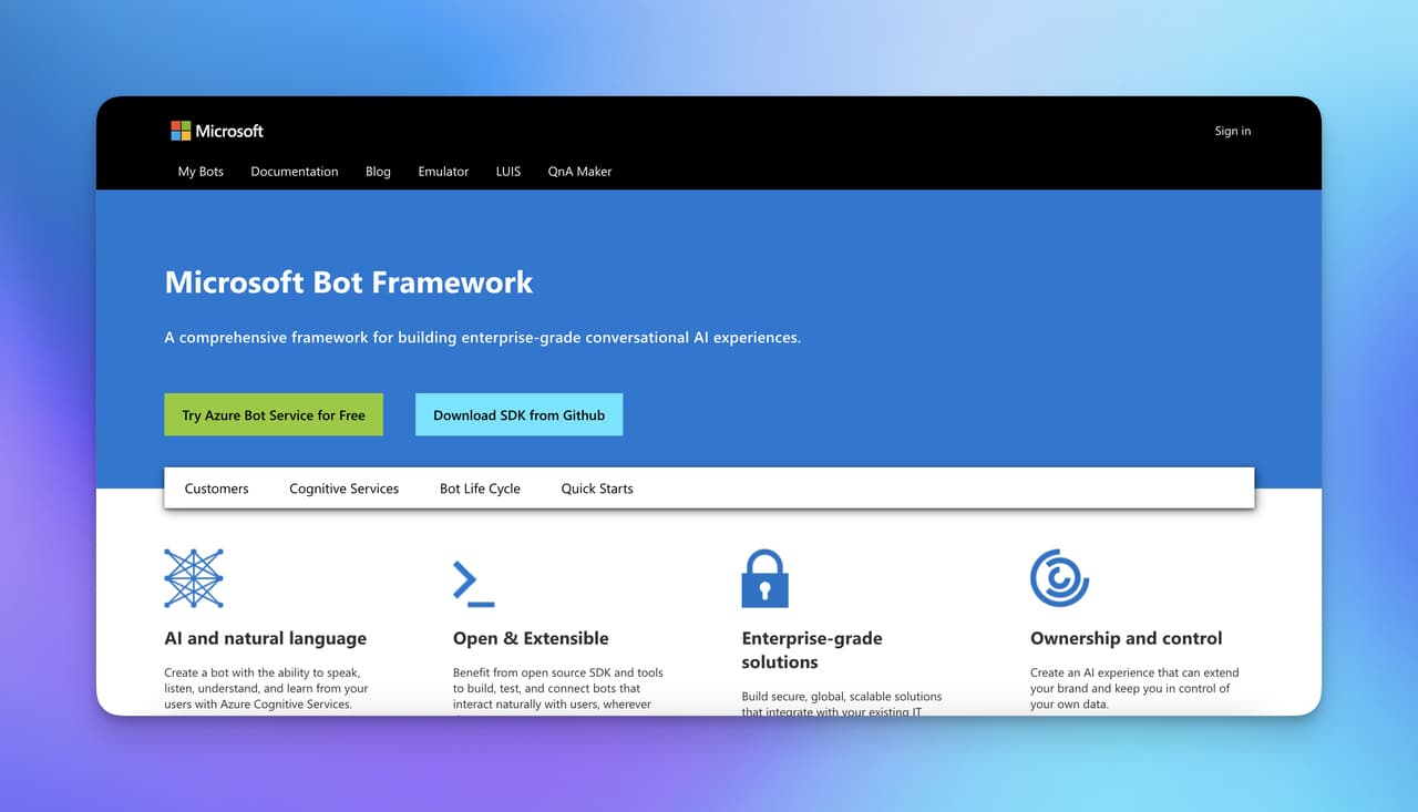 Microsoft Bot Framework page with different parts to guide