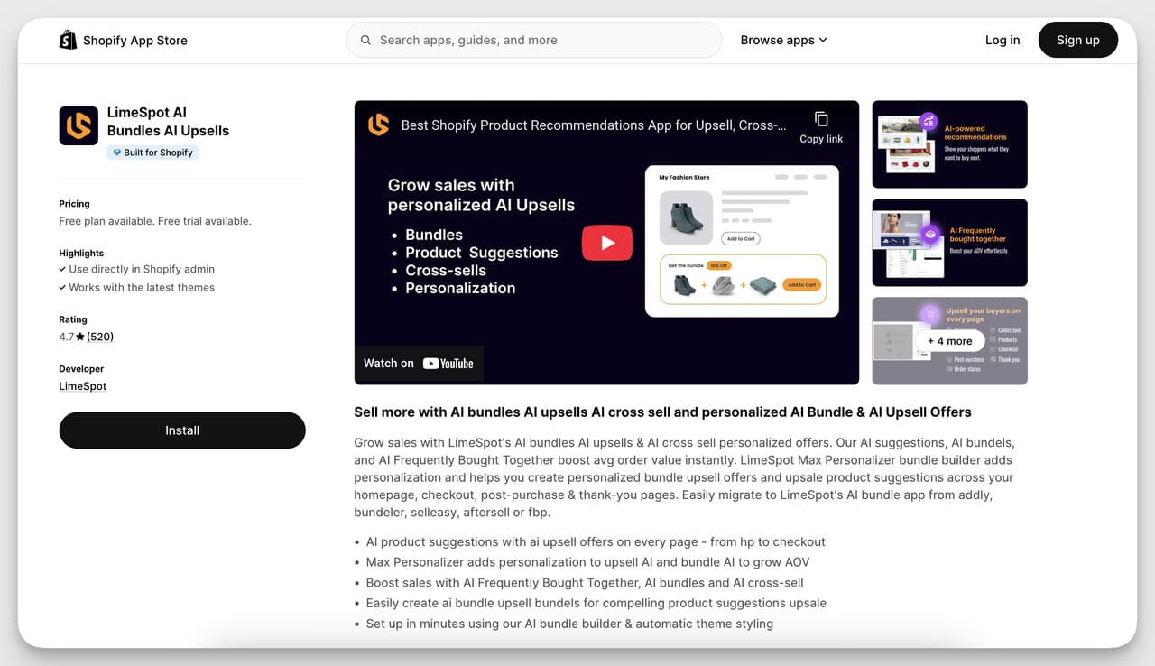 Shopify Product Recommendation App - LimeSpot AI bundles and upsells dashboard with product suggestions, cross-sells, and personalization features.