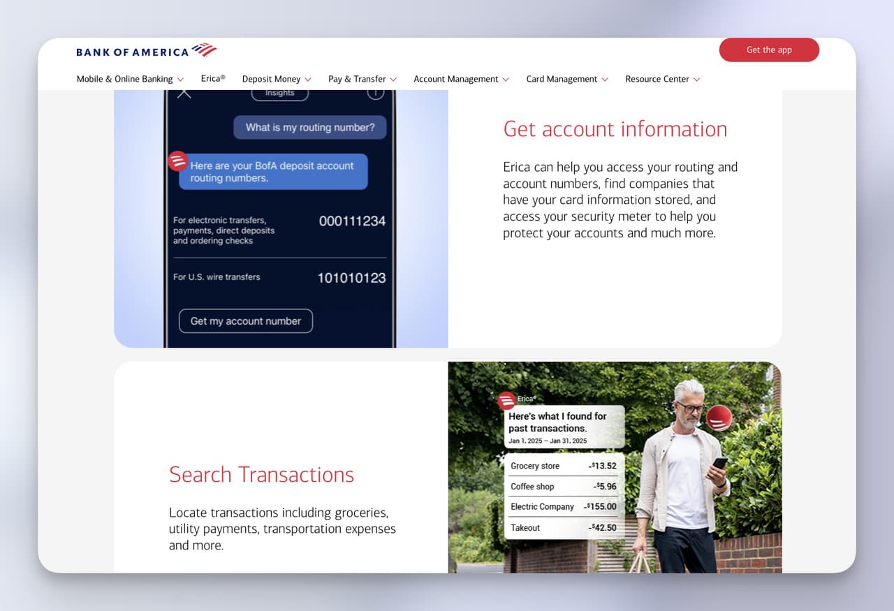 Erica chatbot example from Bank of America helping a user retrieve account information and search recent transactions.