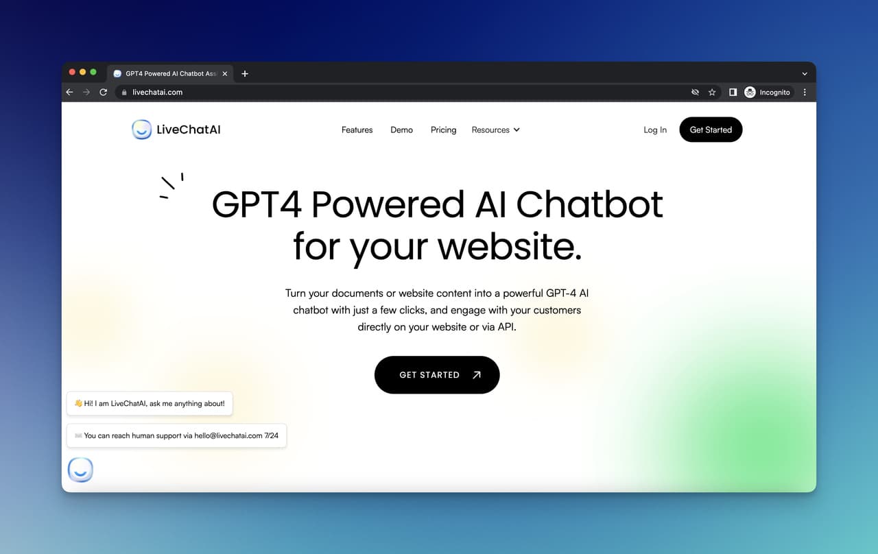 LiveChatAI homepage highlighting AI chatbot trained on your data for instant customer support and ticket deflection