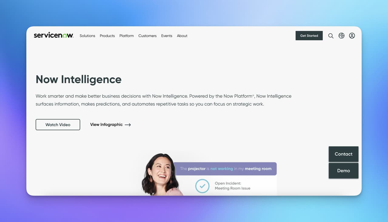 ServiceNow’s page with inclusion of intelligence and a woman laughing