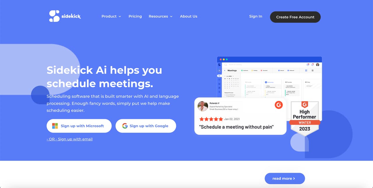 the homepage of Sidekick AI which is a scheduling meeting platform