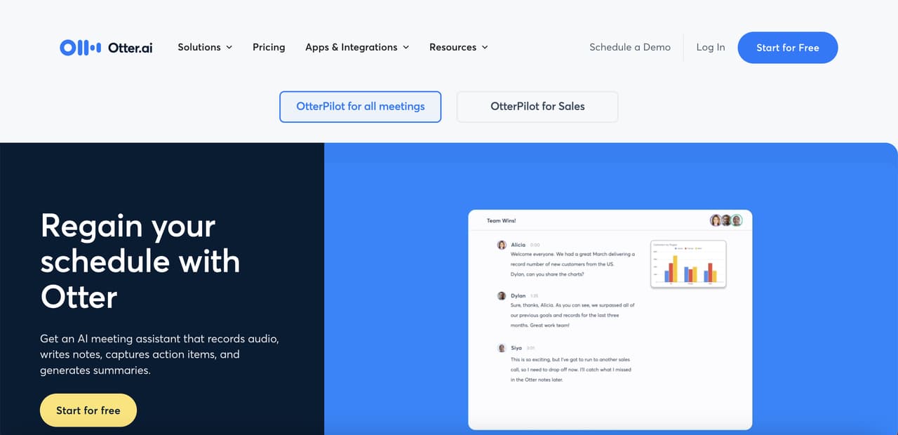 the homepage of Otter.ai which is a scheduling platform