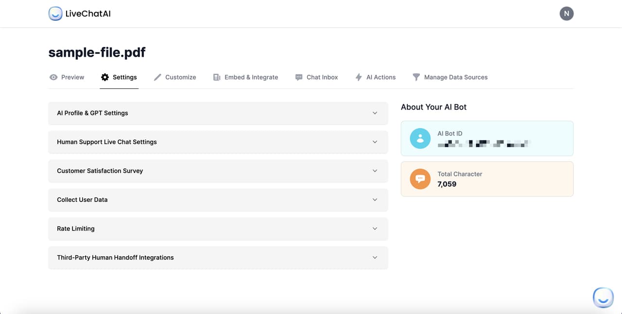 AI bot's Settings page on LiveChatAI