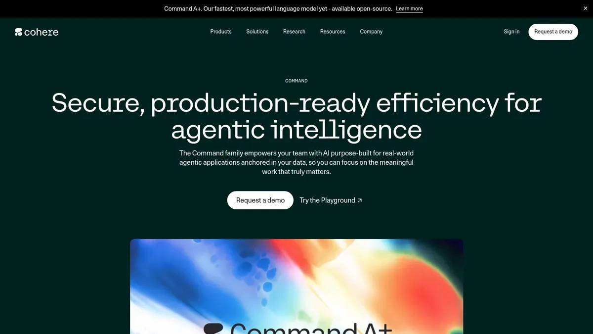 Cohere Command homepage announcing the open-source Command A+ enterprise-ready language model