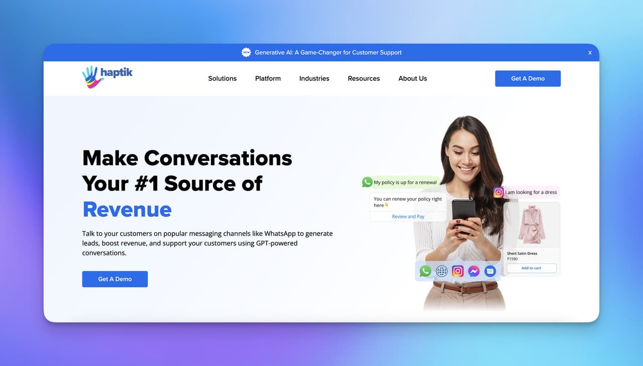 the homepage of Haptik with a woman on the right side