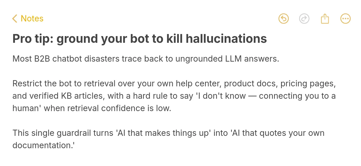 Apple Notes style pro tip on grounding B2B AI chatbots to internal docs to prevent hallucinations
